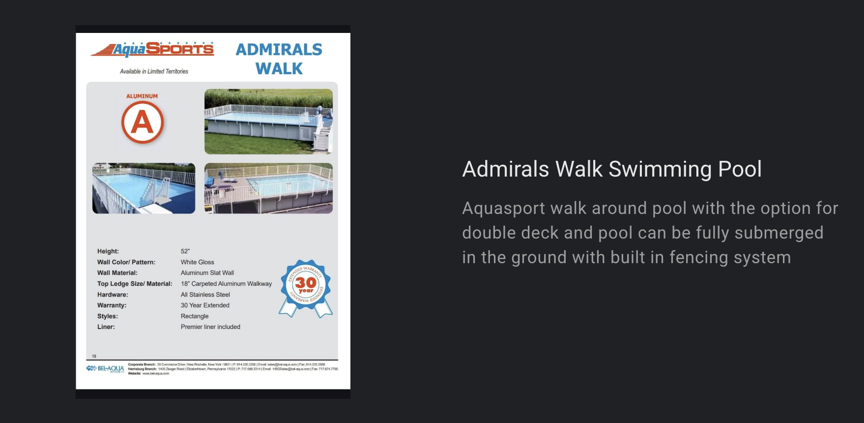 AquaSports Admirals Walk aluminum swimming pool with built-in deck and fencing